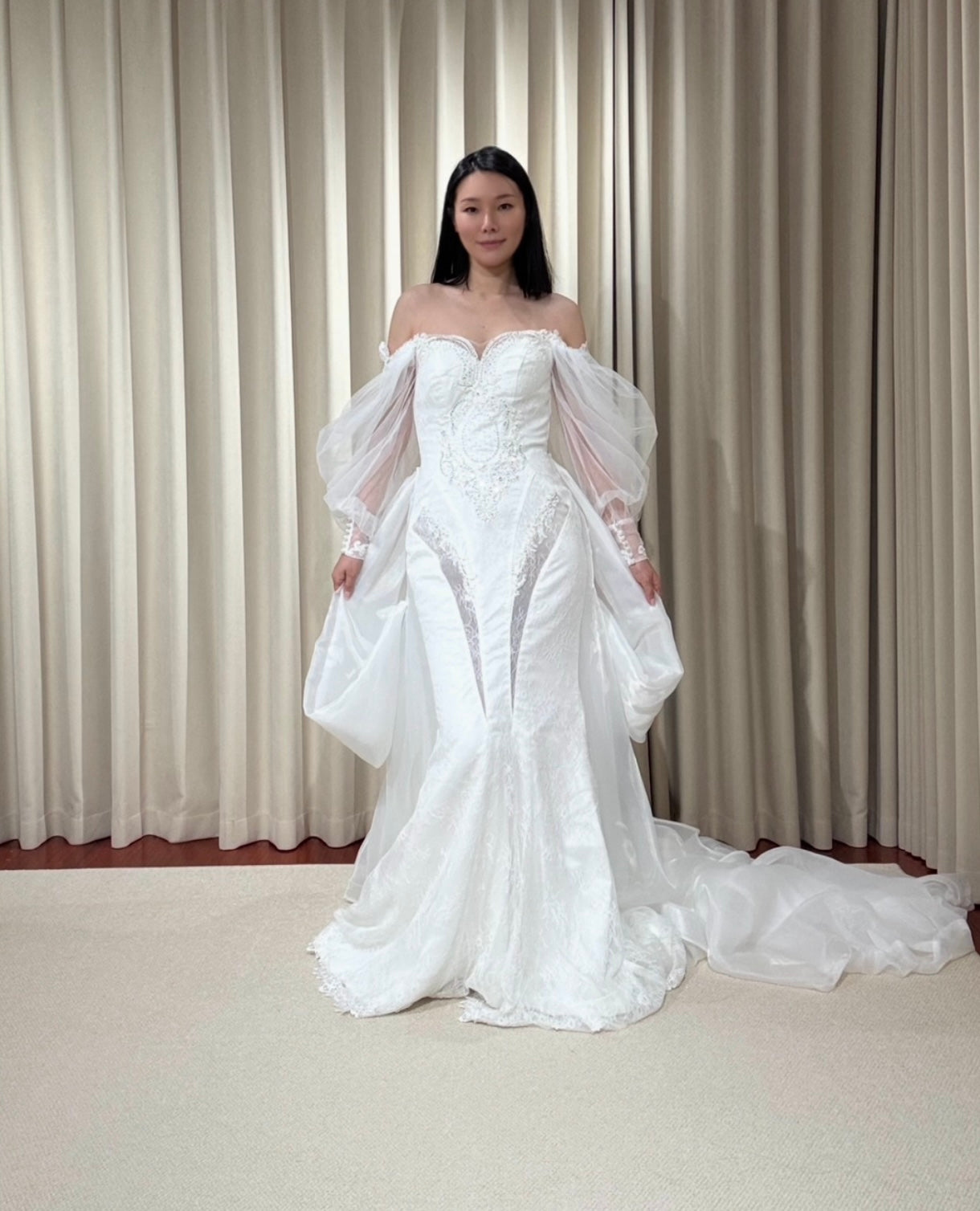 Nova | Long Sleeve Off the Shoulder Lace Mermaid Wedding Dress with detachable Train, Custom Unique Courthouse wedding elope dress, reception dress