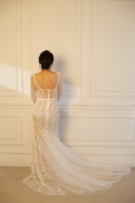 Jessica | Long sleeve corset mermaid wedding dress with 3D flowers, custom unique courthouse wedding dress, fairy elopement reception dress for bride