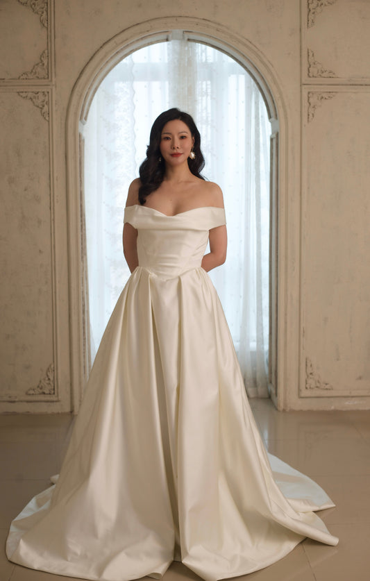 Aurelia | Off Shoulder Basque Waist Unique Satin Ball Gown Wedding Dress