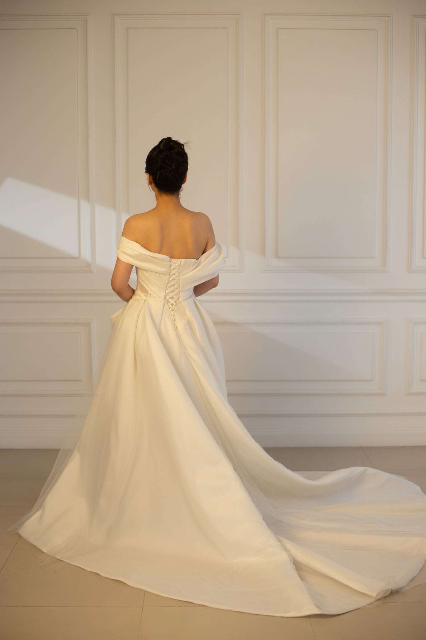 Anastasia | Off the Shoulder Satin Corset Drop Waist Wedding Dress