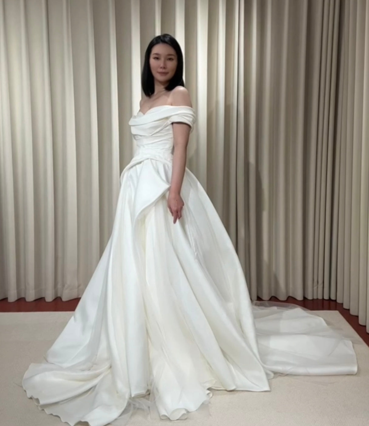 Anastasia | Off-the-shoulder satin corset drop waist wedding dress, unique minimalist A-line bridal dress, custom simple & classic Ivory ball gown