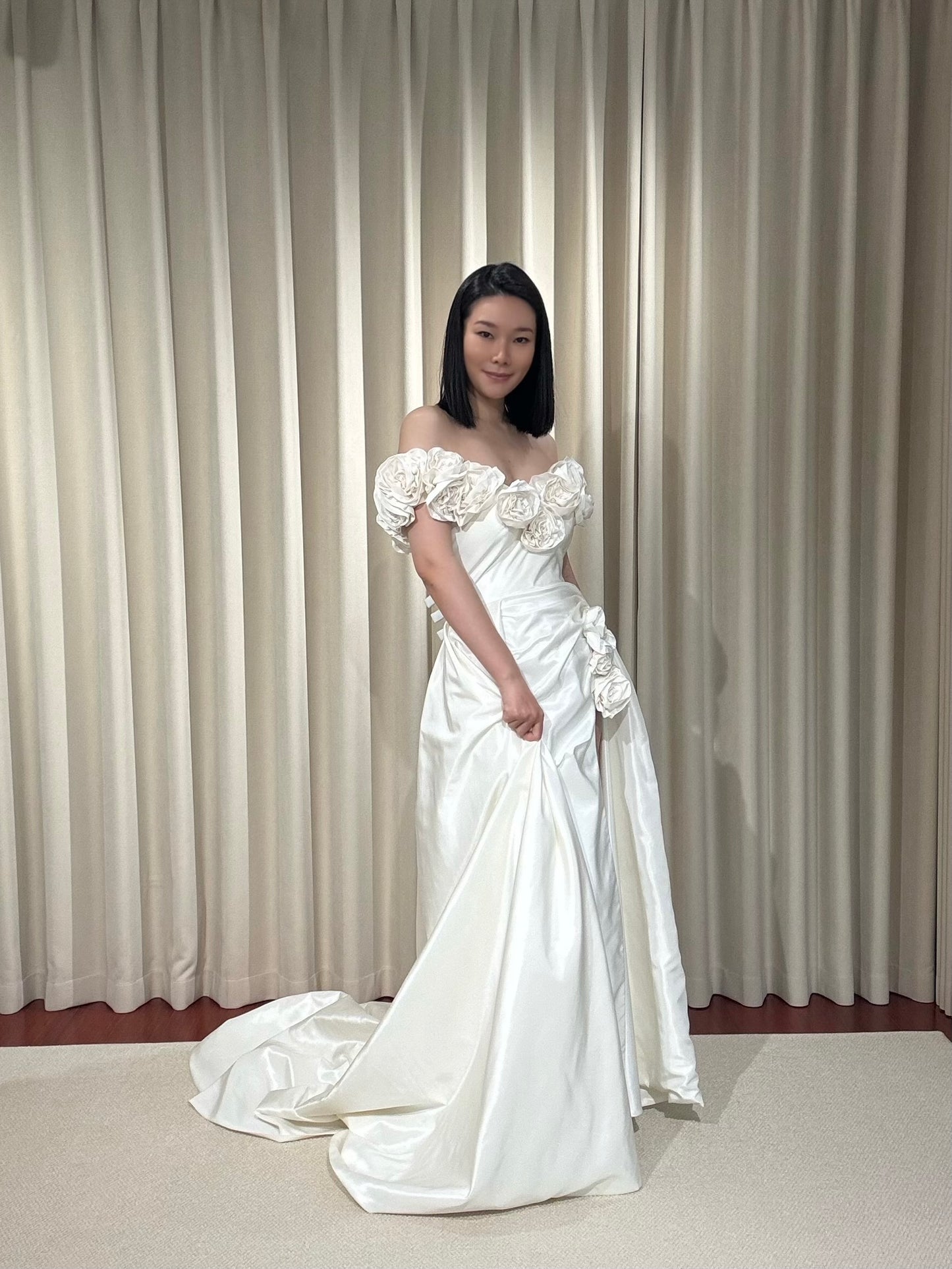Margott | Off-the-Shoulder Taffeta Wedding Dress with 3D Floral Detail & Front Slit