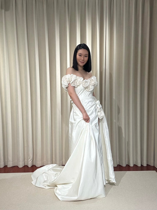 Margott | Off-the-Shoulder Taffeta Wedding Dress with 3D Floral Detail & Front Slit