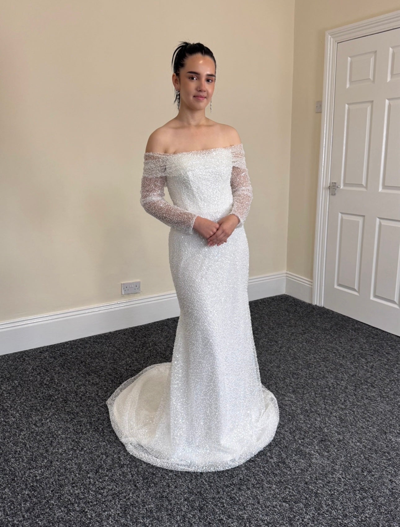 Gloria | Off the Shoulder Long Sleeve Corset Mermaid Wedding Bridal Dress with Detachable Train, Custom sparkling reception dress, courthouse wedding