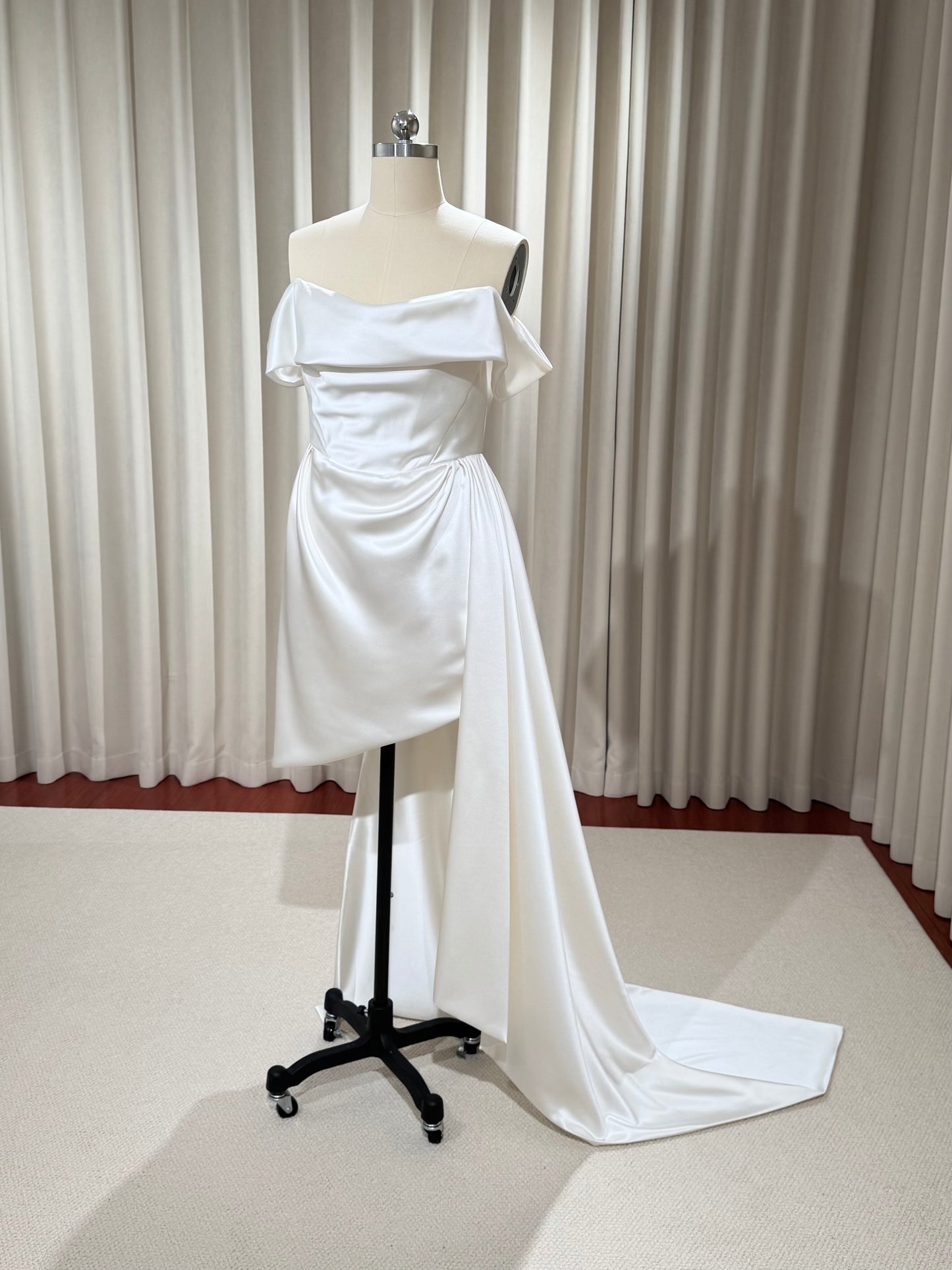 Stella | Minimalist Off the Shoulder High Low Satin Wedding Prom Dress, Custom Simple Elegant Gown Courthouse Civil Wedding Reception Elopement Dress