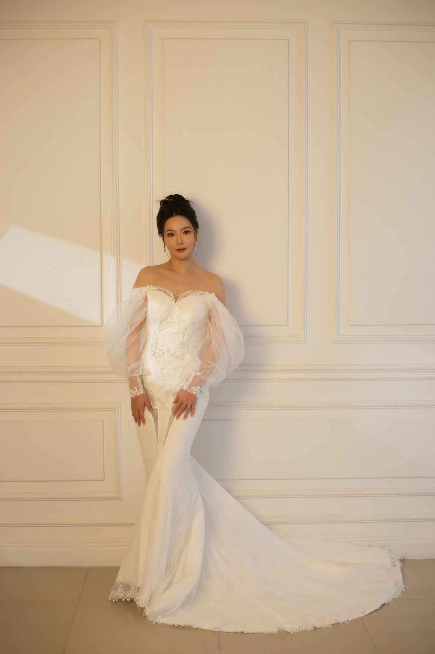 Nova | Long Sleeve Off the Shoulder Lace Mermaid Wedding Dress with Detachable Train