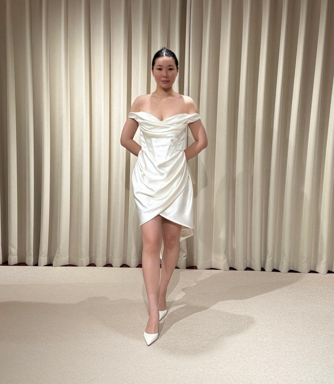 Blaire | Minimalist Off Shoulder Satin Corset Short Wedding Dress