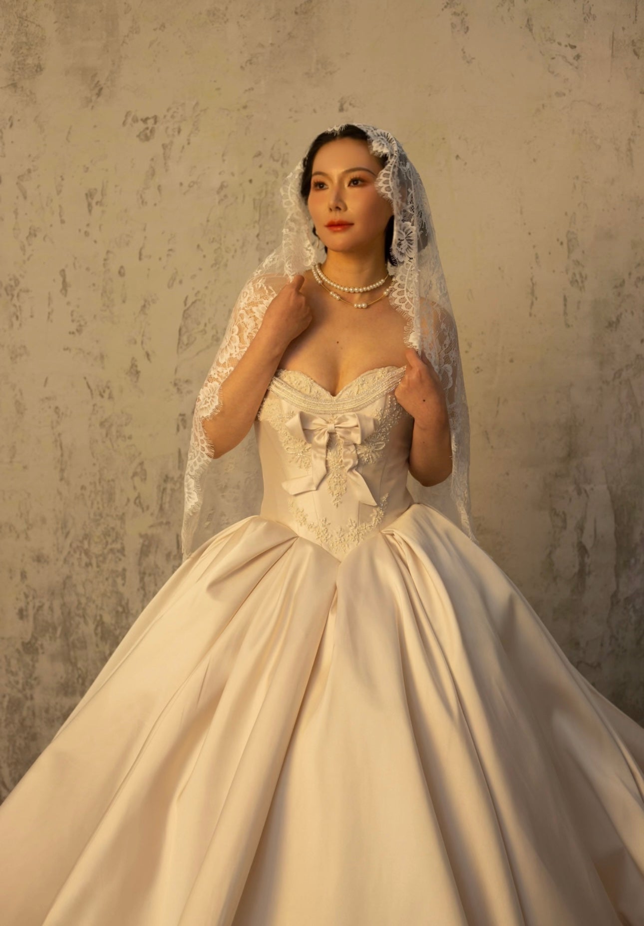 Victoria | Long Sleeve Satin Corset Wedding Dress w Pearls, Classic Romantic Elegant Princess Ball Gown, Custom Modest Courthouse Civil Wedding Dress