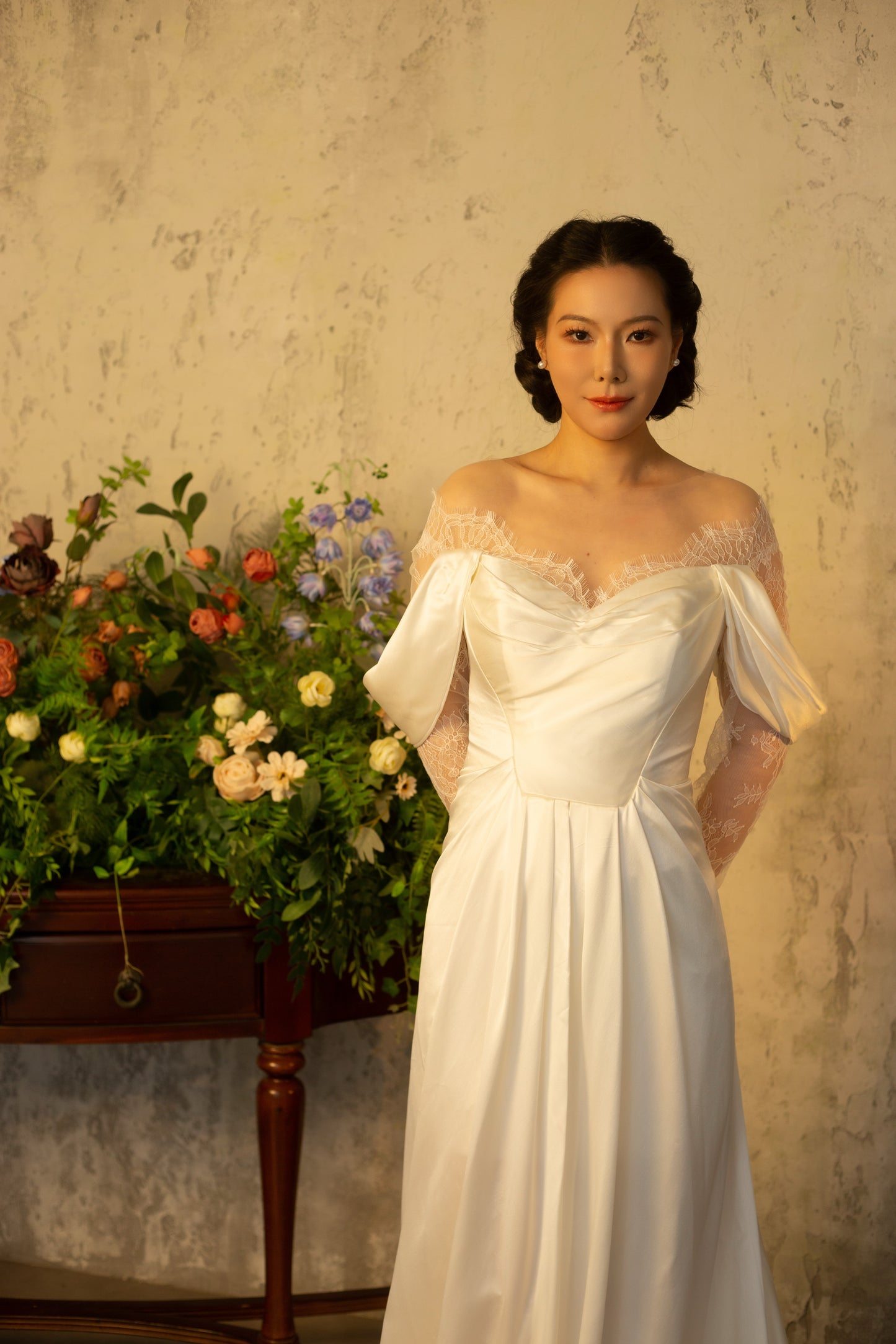 Maria | Minimalist Off the Shoulder Ivory Satin Wedding Dress