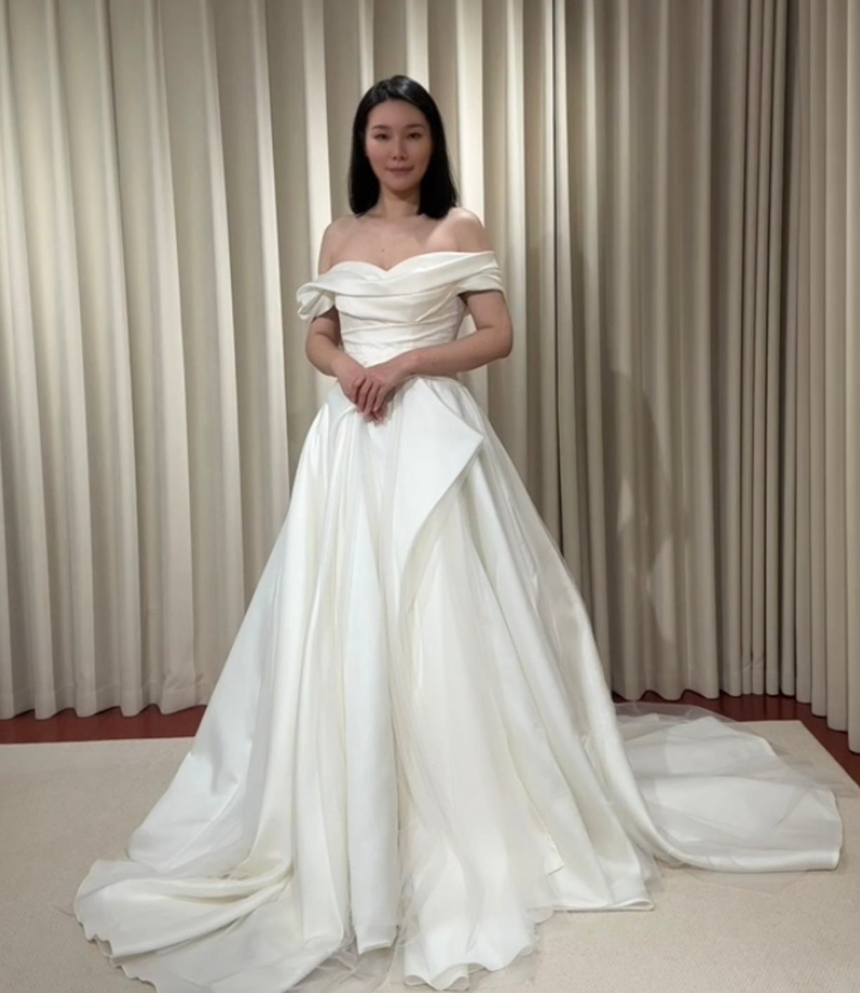 Anastasia | Off-the-shoulder satin corset drop waist wedding dress, unique minimalist A-line bridal dress, custom simple & classic Ivory ball gown