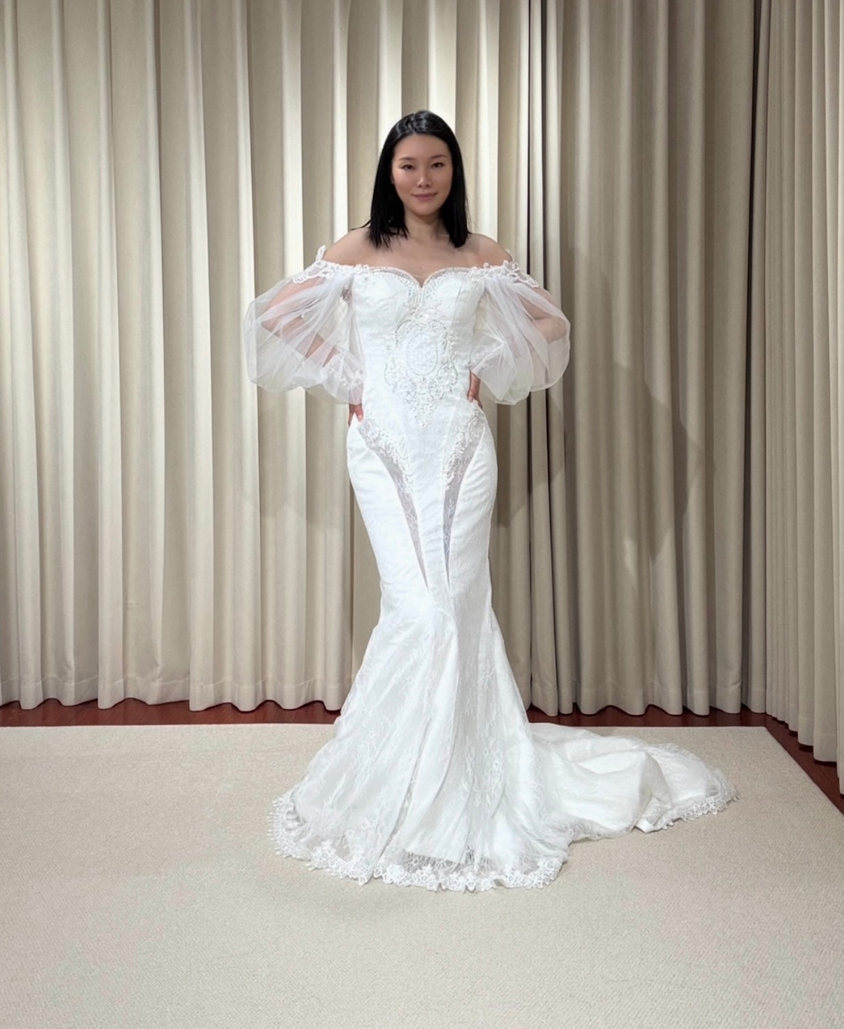 Nova | Long Sleeve Off the Shoulder Lace Mermaid Wedding Dress with detachable Train, Custom Unique Courthouse wedding elope dress, reception dress