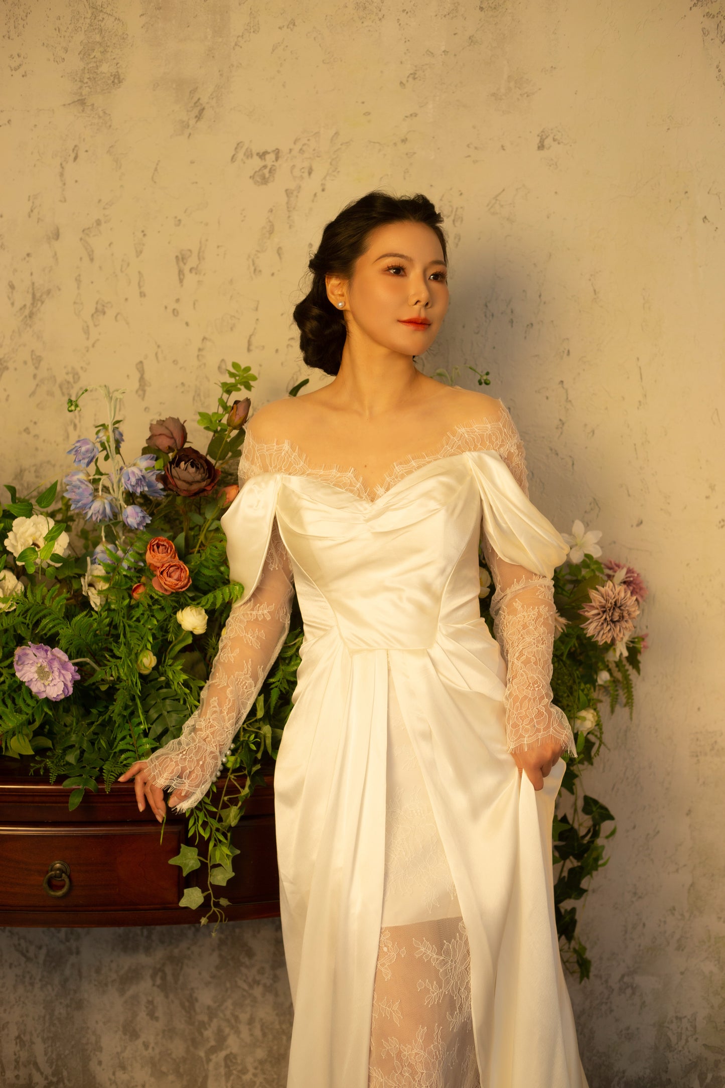 Maria | Minimalist Off the Shoulder Ivory Satin Wedding Dress