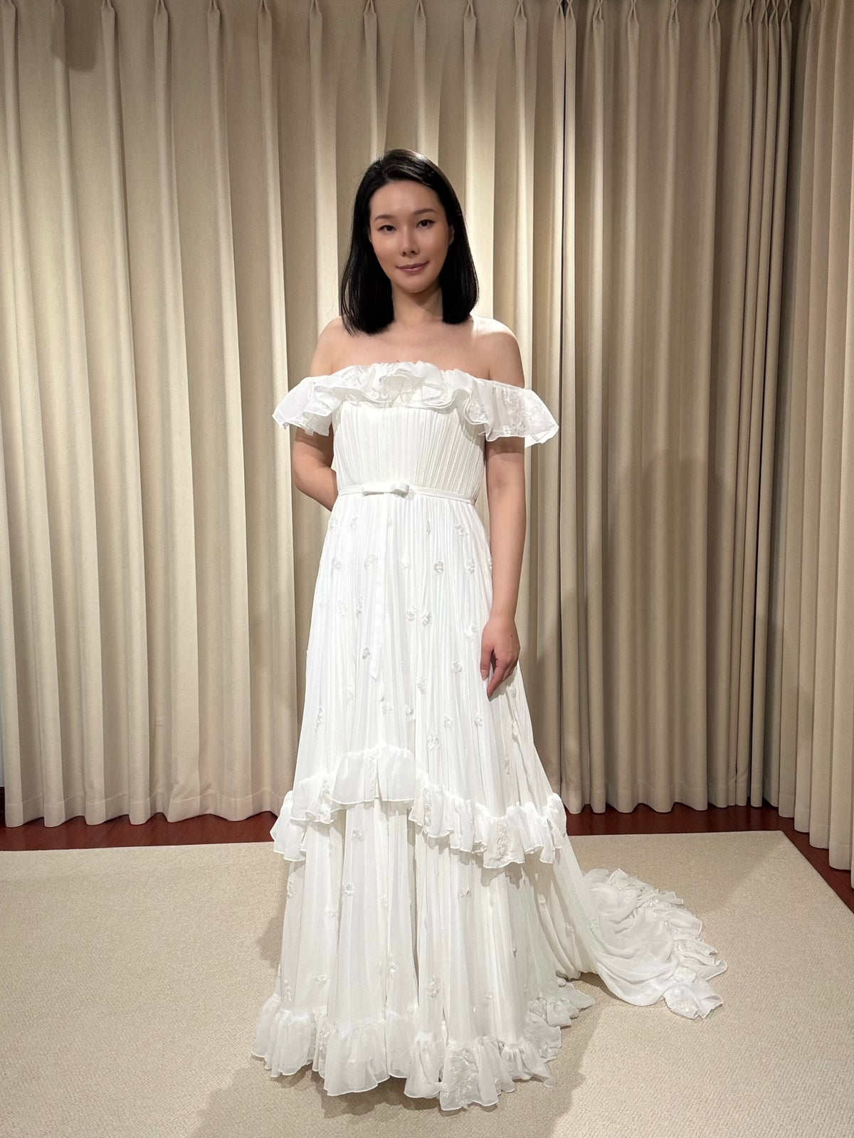 Taylor | Off Shoulder Pleated Wedding Dress with Ruffles