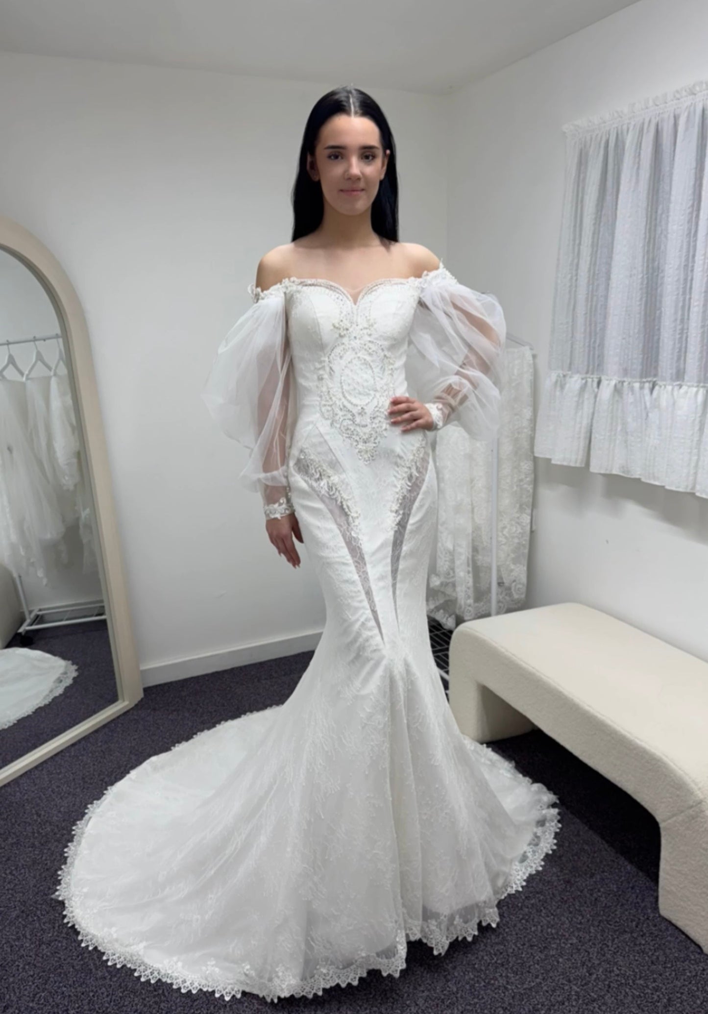 Nova | Long Sleeve Off the Shoulder Lace Mermaid Wedding Dress with Detachable Train