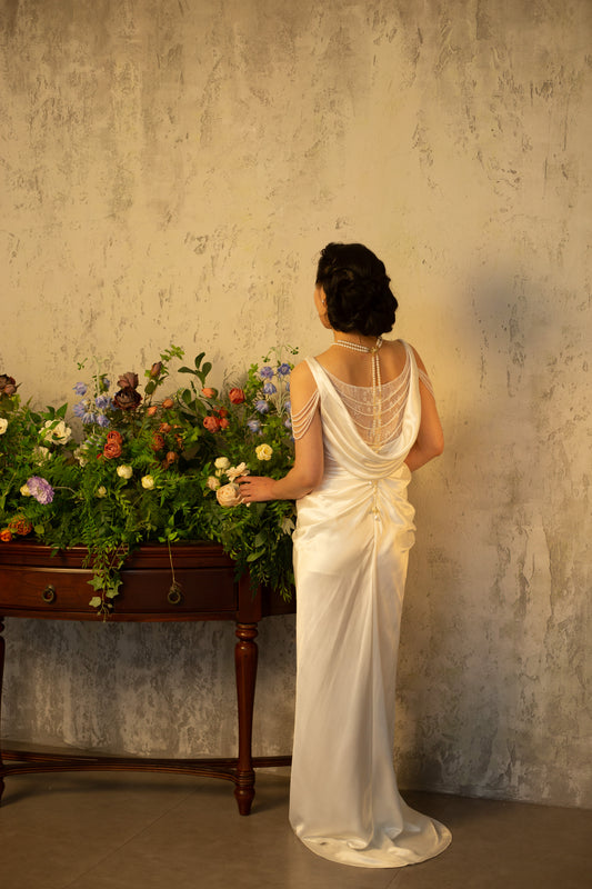Frances | Minimalist Satin Corset Wedding Prom Dress with Pearls