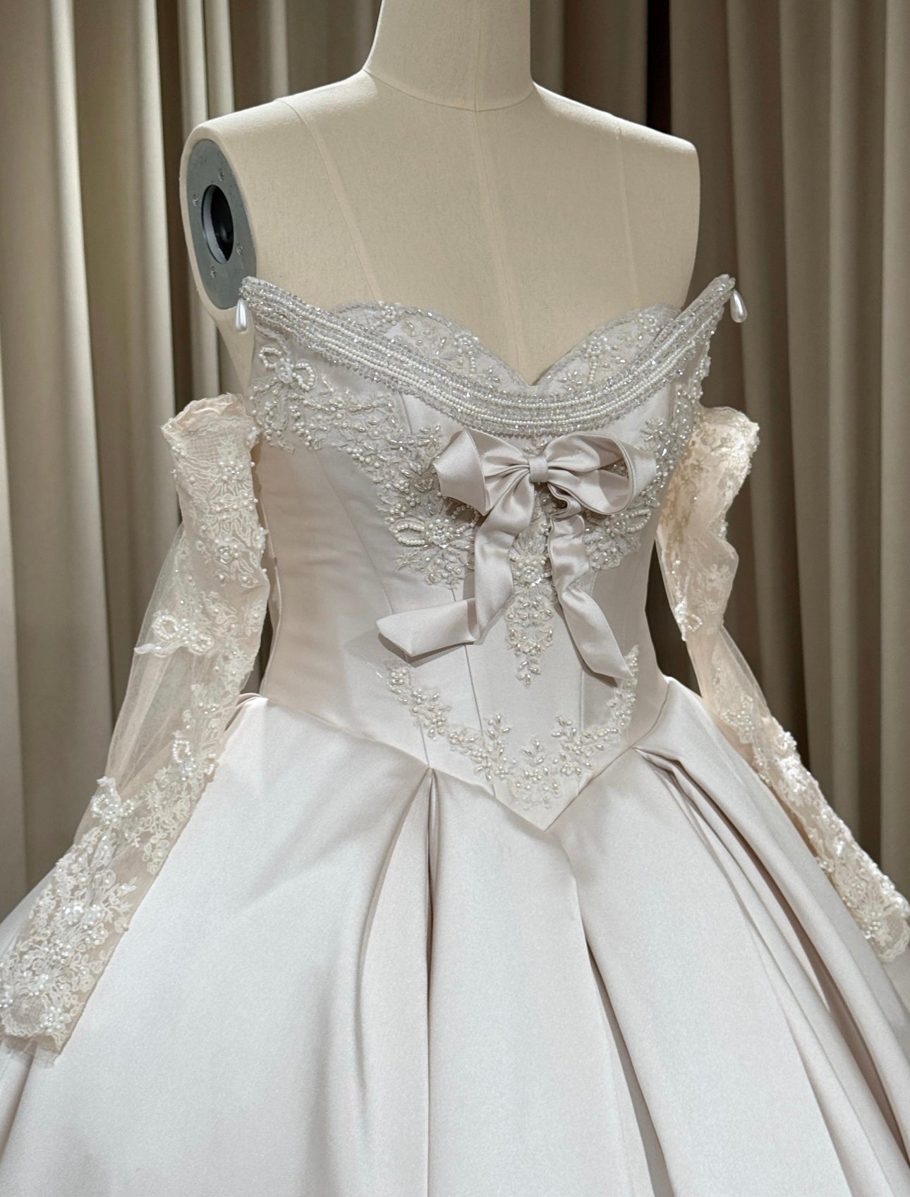 Victoria | Long Sleeve Satin Corset Wedding Dress w Pearls, Classic Romantic Elegant Princess Ball Gown, Custom Modest Courthouse Civil Wedding Dress