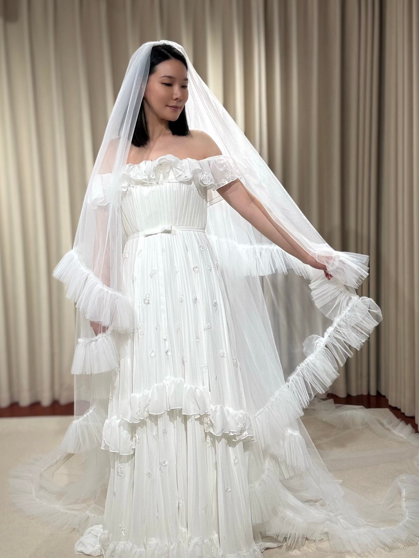 Taylor | Off Shoulder Pleated Wedding Dress with Ruffles