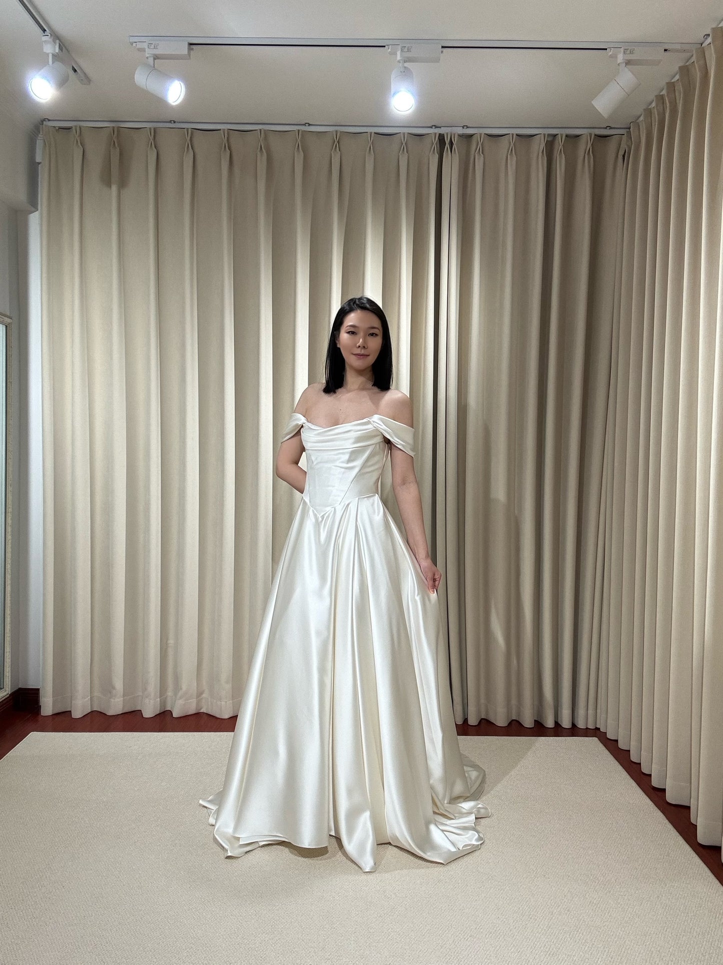 Adrea | Off the Shoulder Satin Corset Basque Waist Ball Gown Wedding Dress