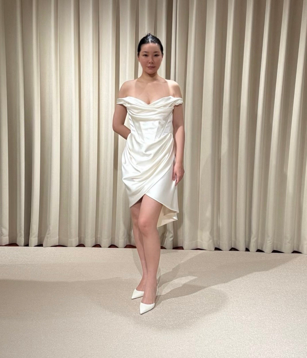 Blaire | Minimalist Off Shoulder Satin Corset Short Wedding Dress