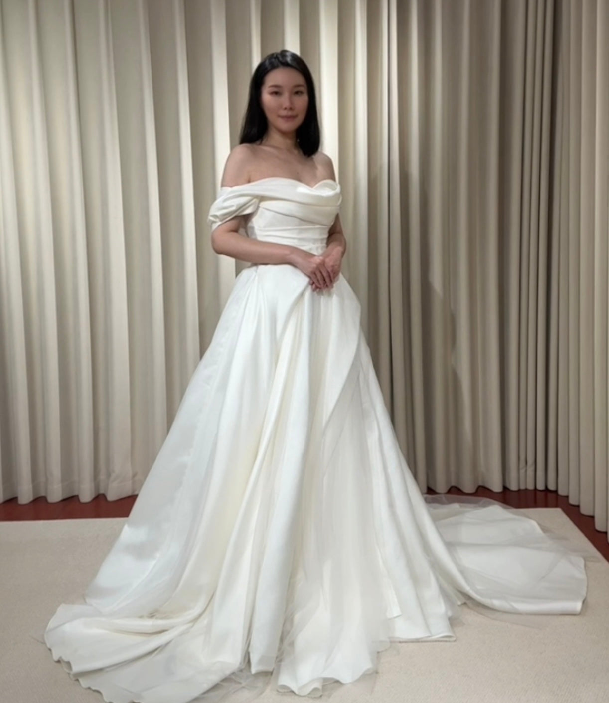 Anastasia | Off-the-shoulder satin corset drop waist wedding dress, un Shindig Threads Anastasia | Off-the-shoulder satin corset drop waist wedding dress, un Shindig Threads
