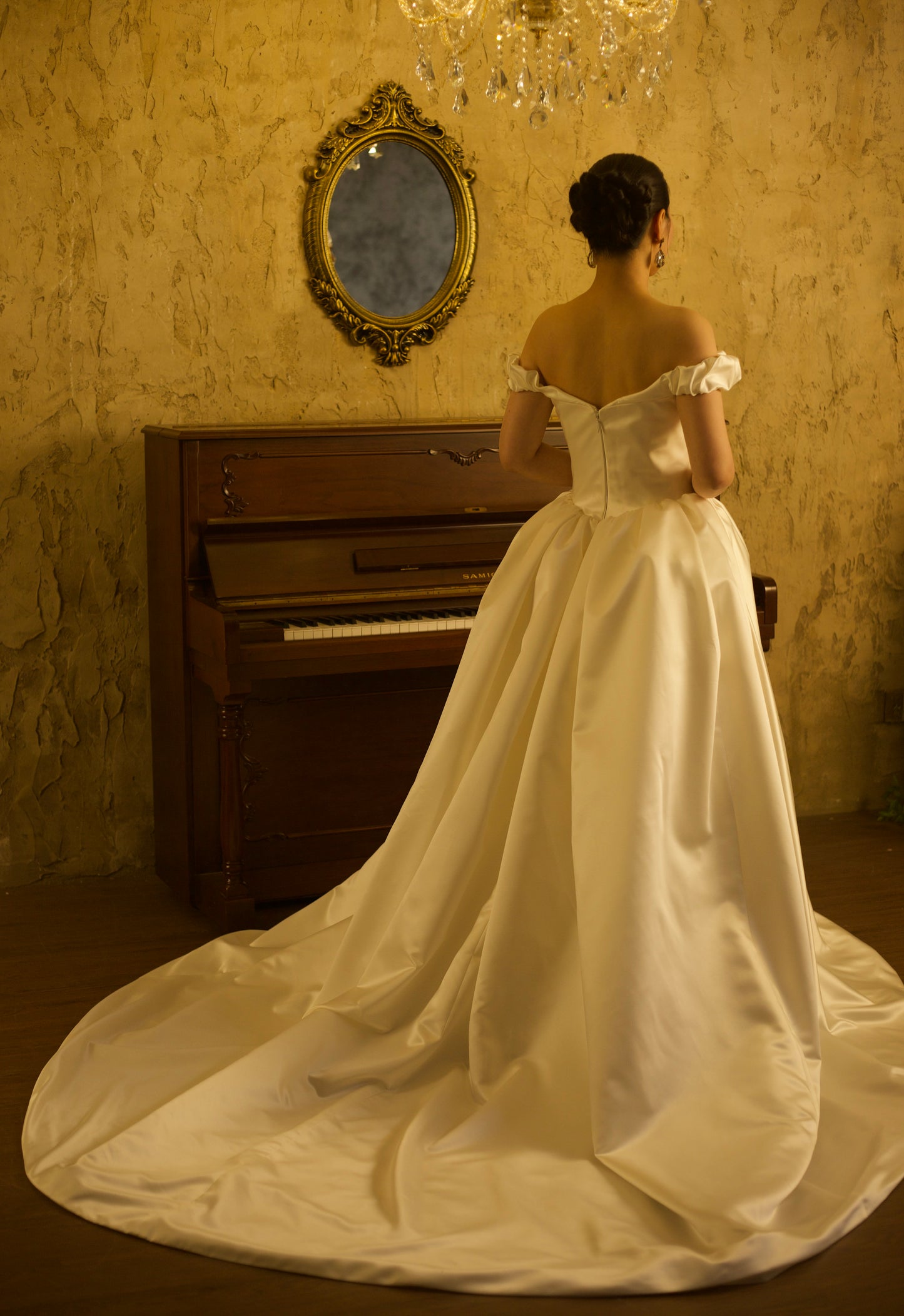 Bianca | Off the Shoulder Basque Waist Unique Satin Ball Gown Wedding Dress