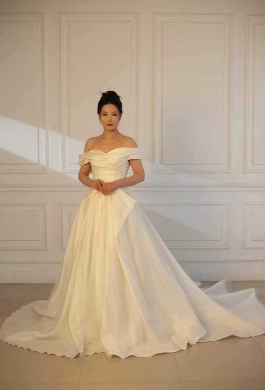 Anastasia | Off-the-shoulder satin corset drop waist wedding dress, unique minimalist A-line bridal dress, custom simple & classic Ivory ball gown