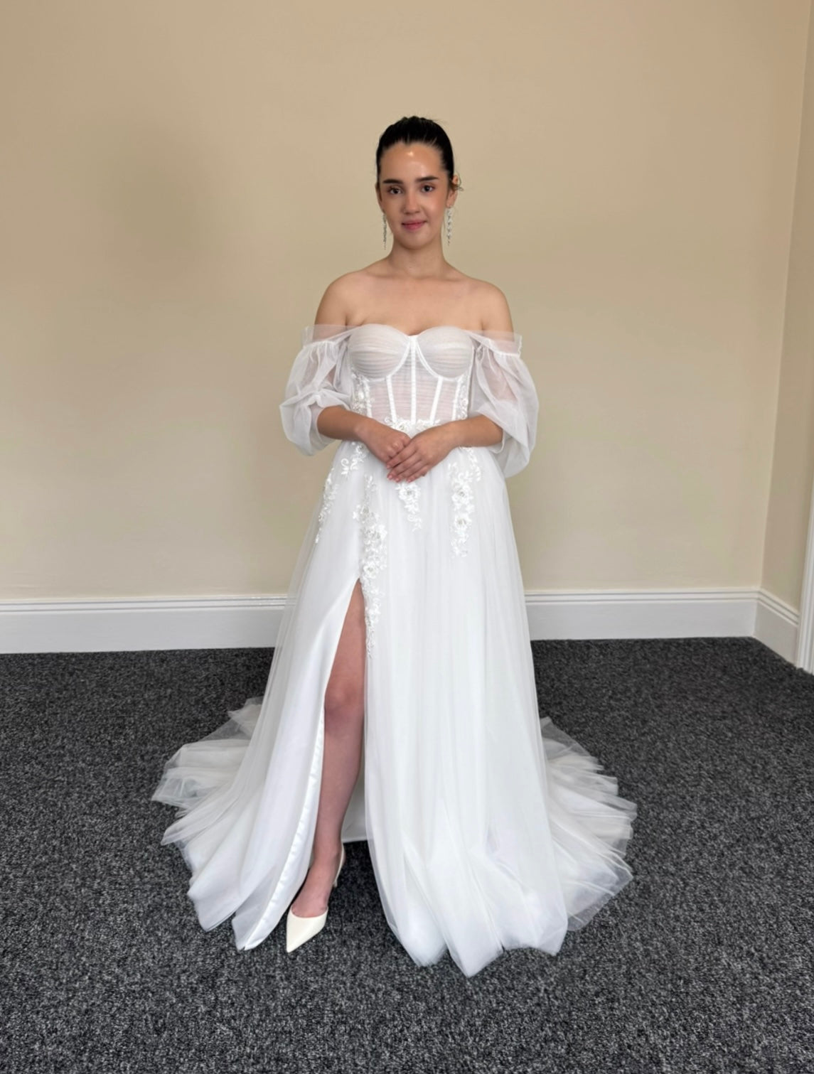 Linda | Off the Shoulder Fairy A-line Slit Wedding Dress with Detached Long Sleeves, Custom Sexy Boho Prom Party Gown