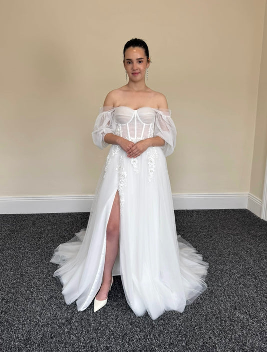 Linda | Off the Shoulder Fairy A-line Slit Wedding Dress with Detached Long Sleeves, Custom Sexy Boho Prom Party Gown