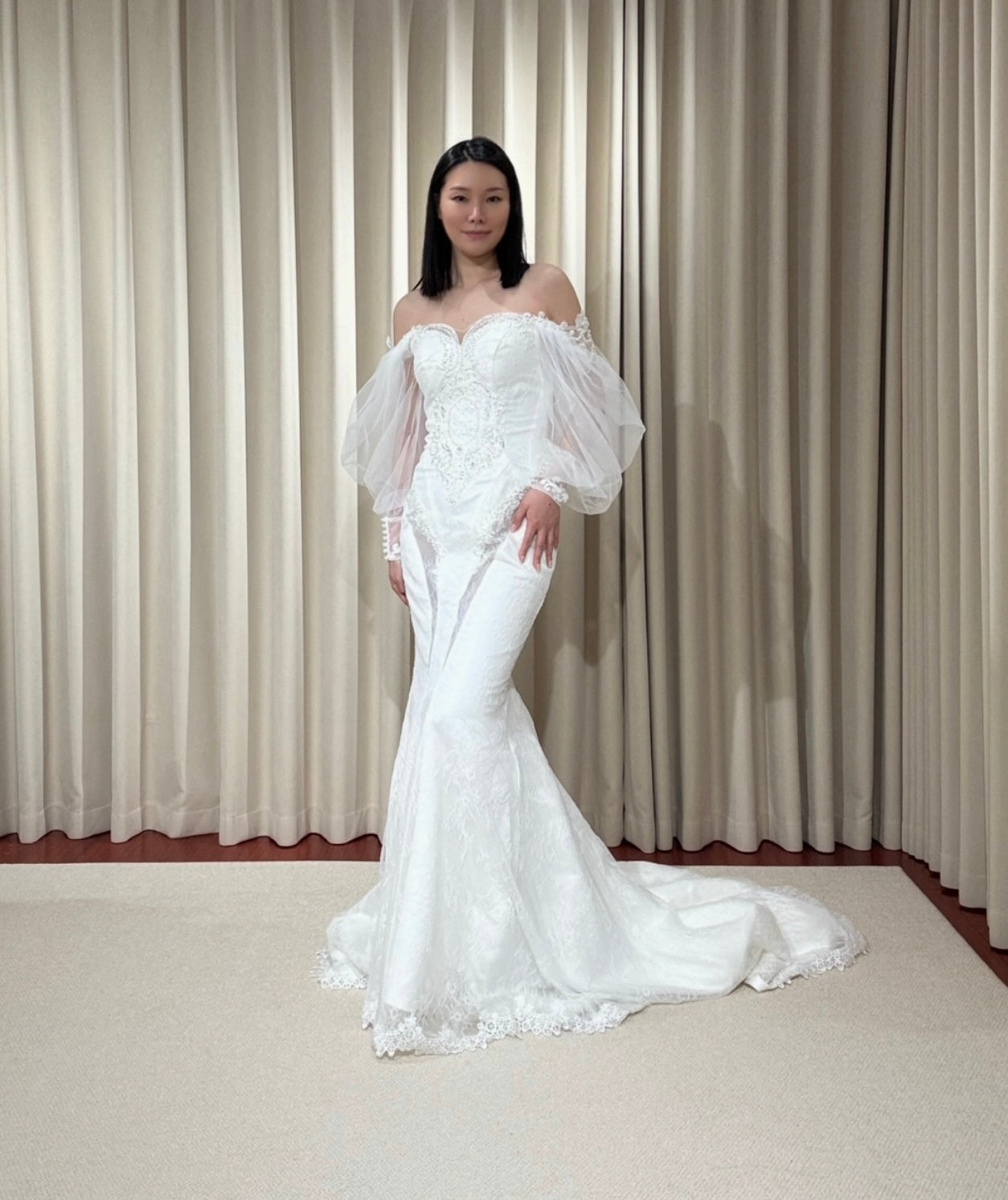 Nova | Long Sleeve Off the Shoulder Lace Mermaid Wedding Dress with de Shindig Threads Nova | Long Sleeve Off the Shoulder Lace Mermaid Wedding Dress with de Shindig Threads