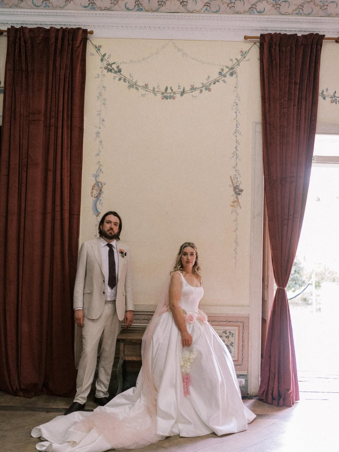 Minimalist Satin Corset Basque Waist Wedding Ballgown with Handmade Flowers and Detachable Bow | Abigail