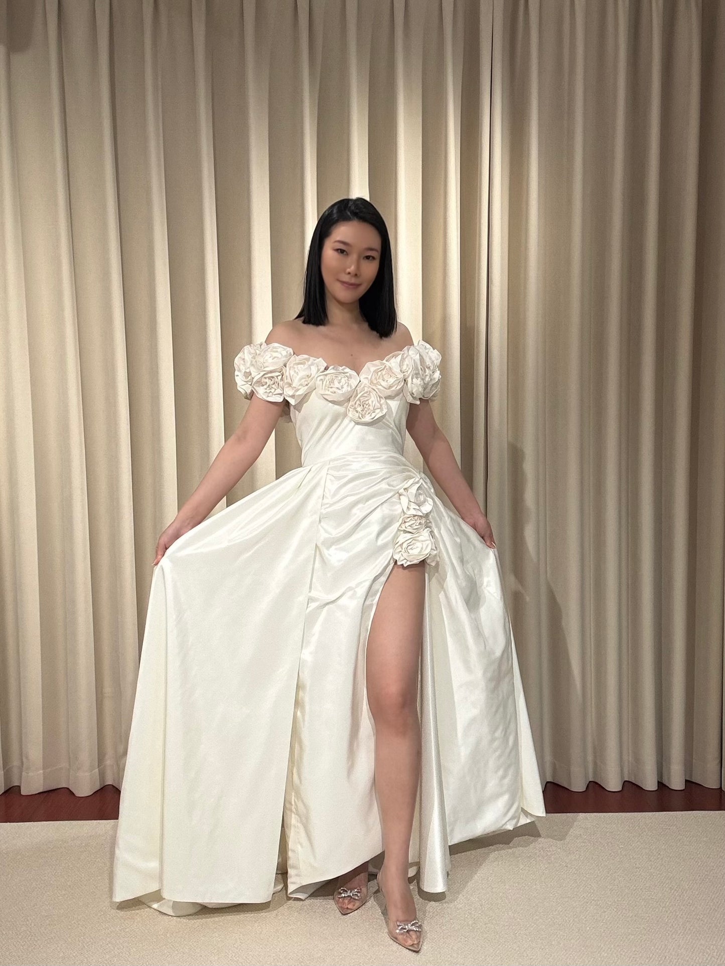 Margott | Off-the-Shoulder Taffeta Wedding Dress with 3D Floral Detail & Front Slit