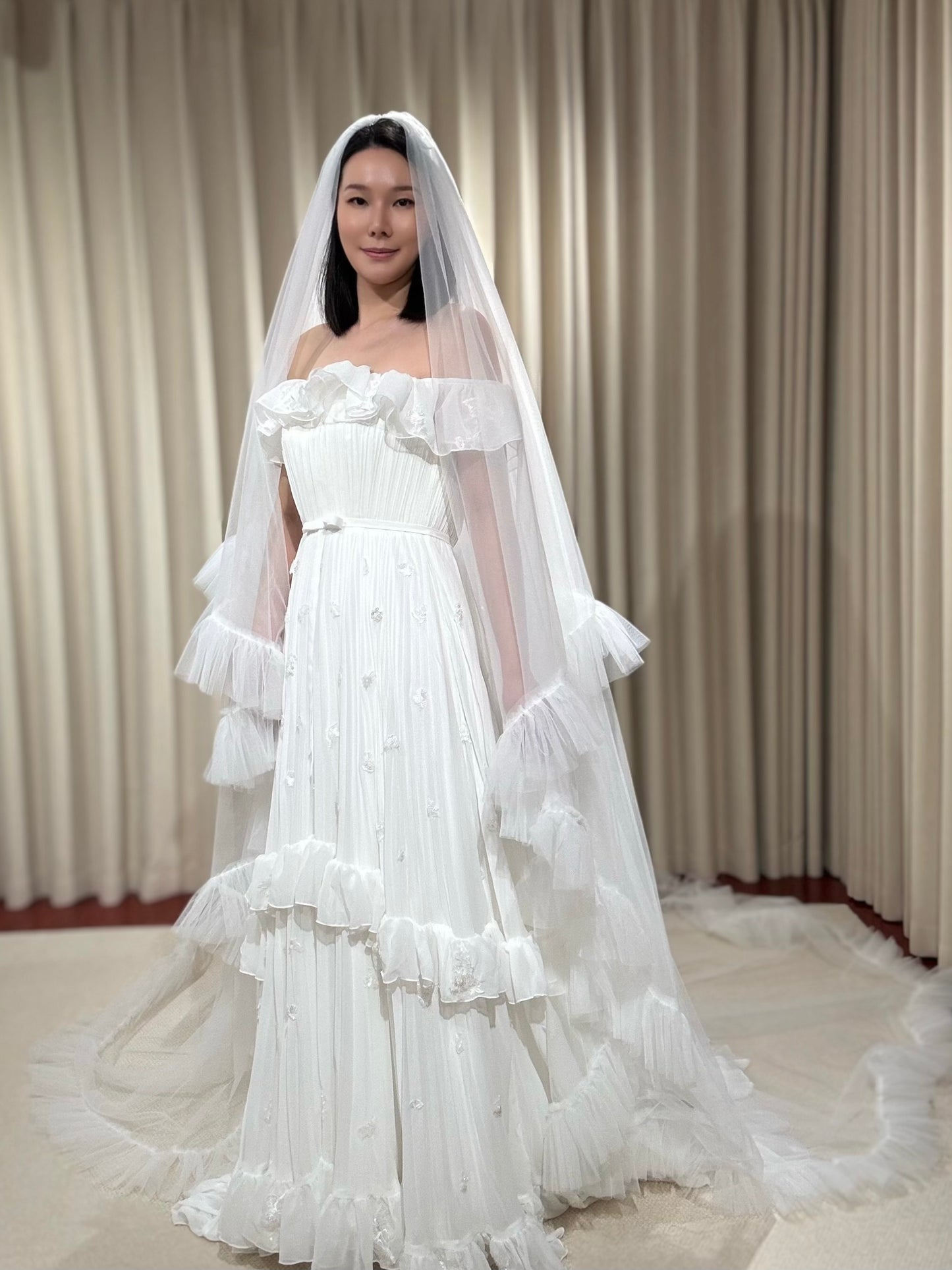 Taylor | Off Shoulder Pleated Wedding Dress with Ruffles