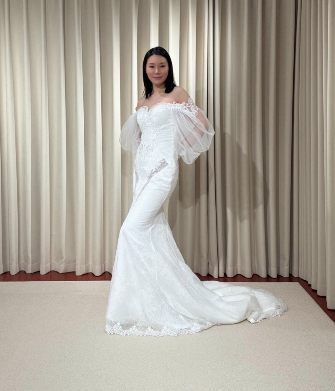 Nova | Long Sleeve Off the Shoulder Lace Mermaid Wedding Dress with detachable Train, Custom Unique Courthouse wedding elope dress, reception dress