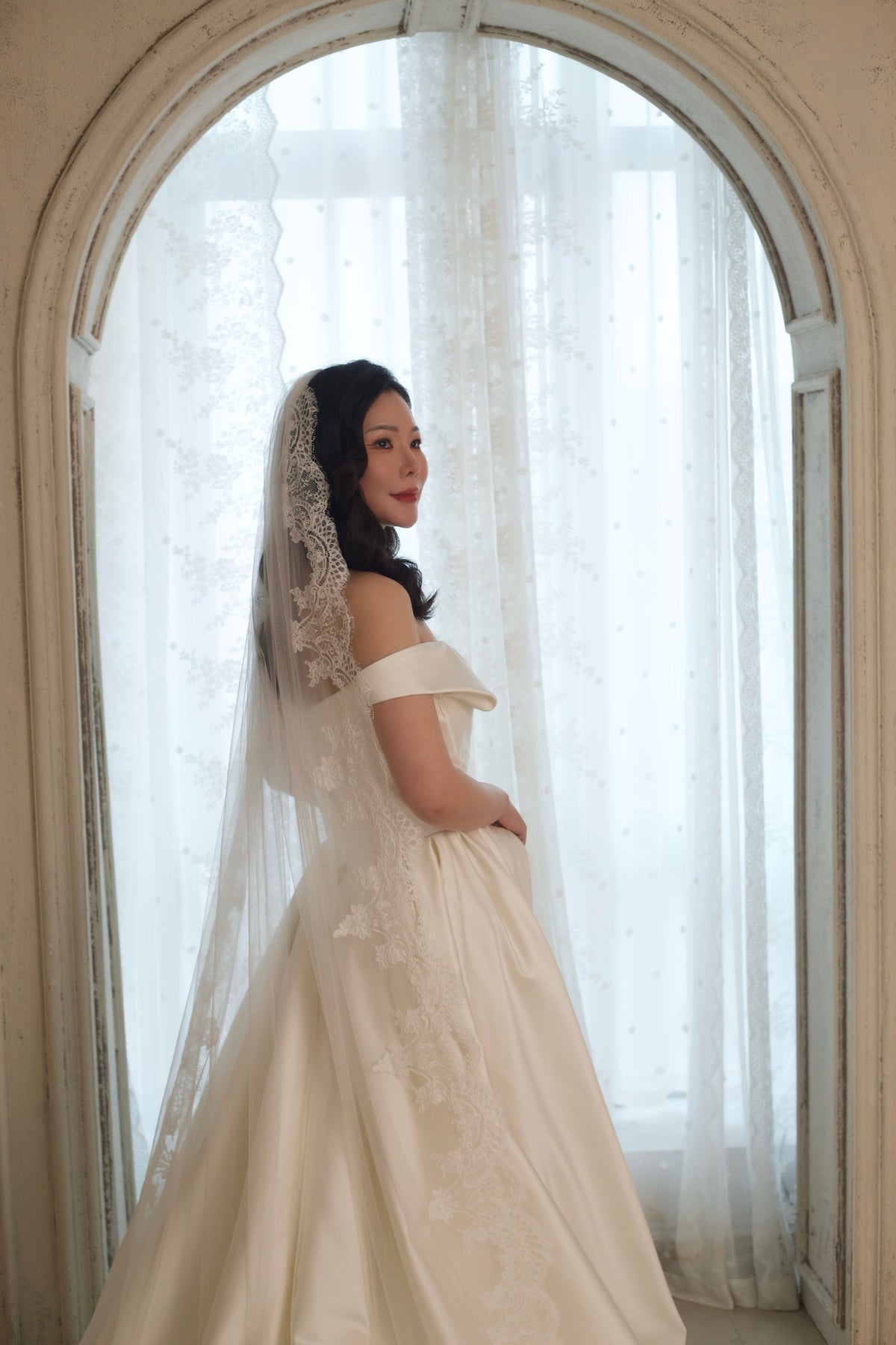 Aurelia | Off Shoulder Basque Waist Unique Satin Ball Gown Wedding Dress