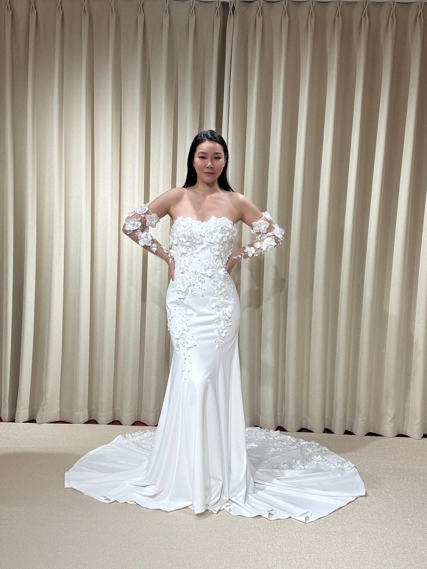 Kelsey | Off the Shoulder Satin Mermaid Wedding Dress with Detached Long Sleeves