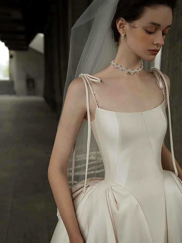 Ivory satin corset custom wedding dress with bow, unique minimalist ball gown, simple modest bridal dress