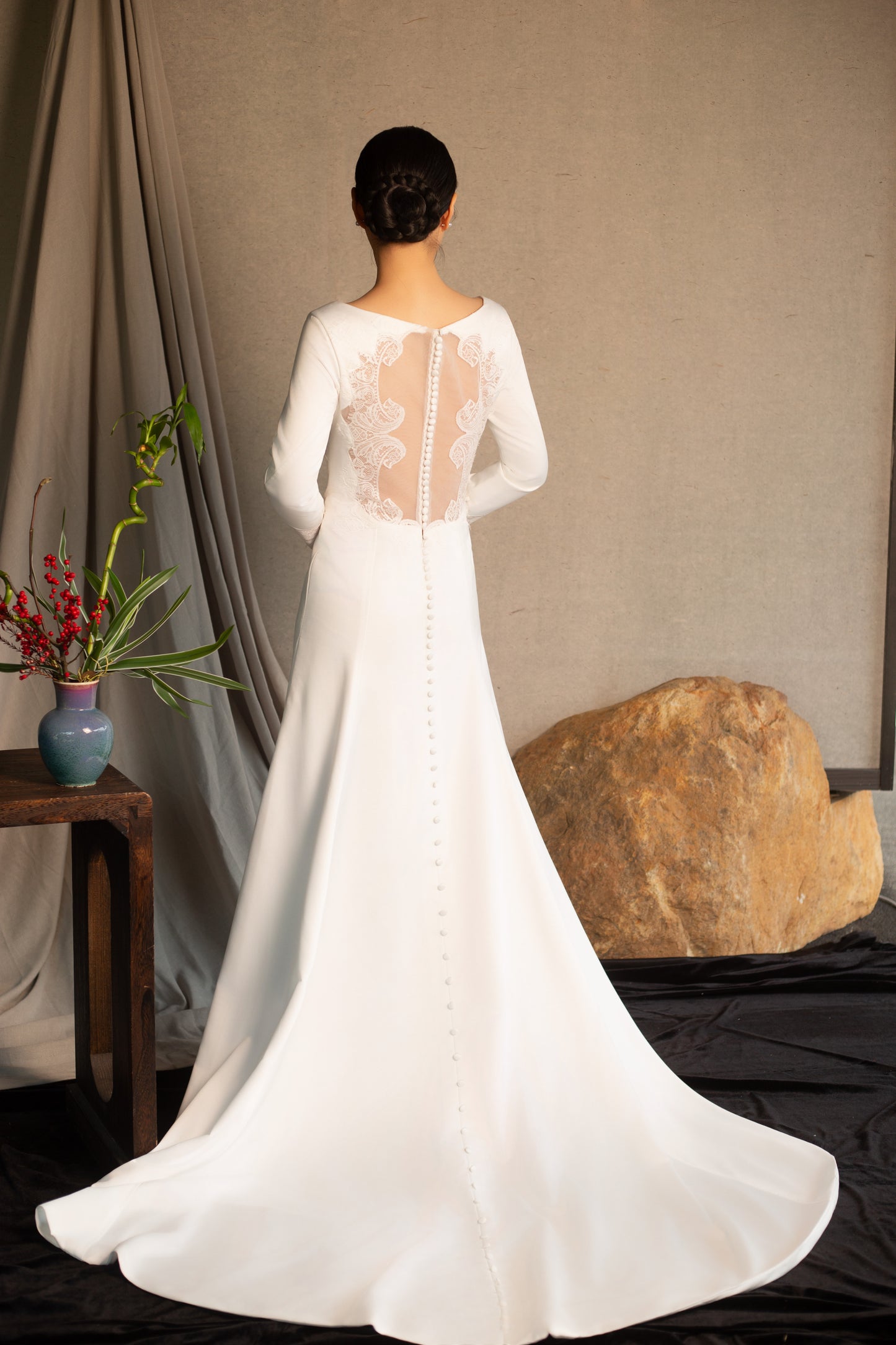 Bella | Custom Twilight Bella’s Ivory Satin Lace Back Wedding Bridal Dress, Minimalist Long Sleeve A-Line Elegant Party Gown