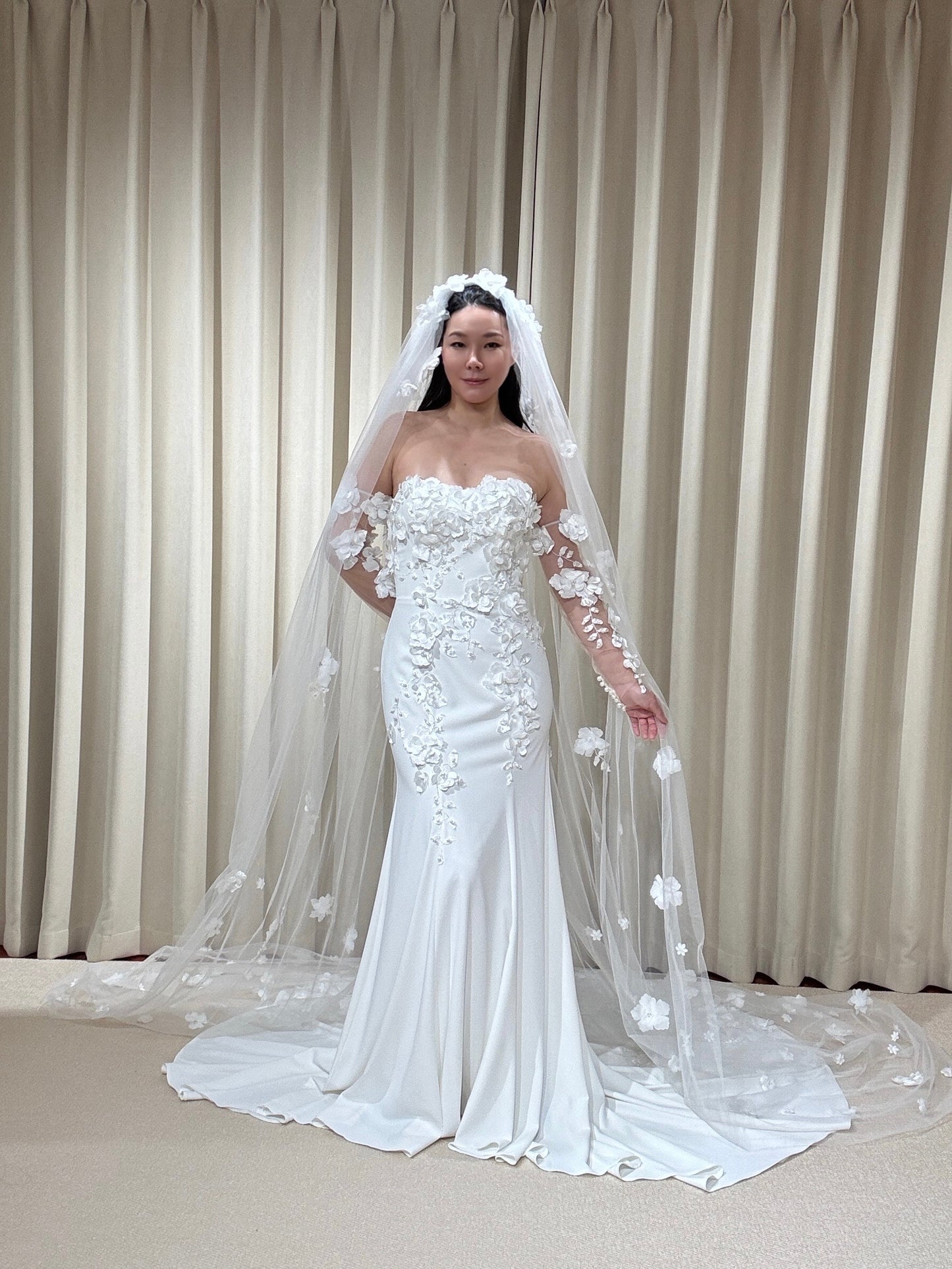 Kelsey | Off the Shoulder Satin Mermaid Wedding Dress with Detached Long Sleeves