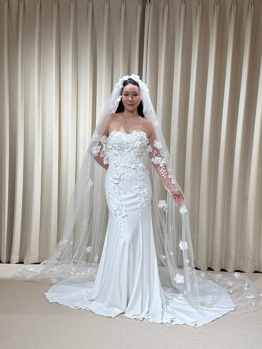 Kelsey | Off the Shoulder Satin Mermaid Wedding Dress with Detached Long Sleeves