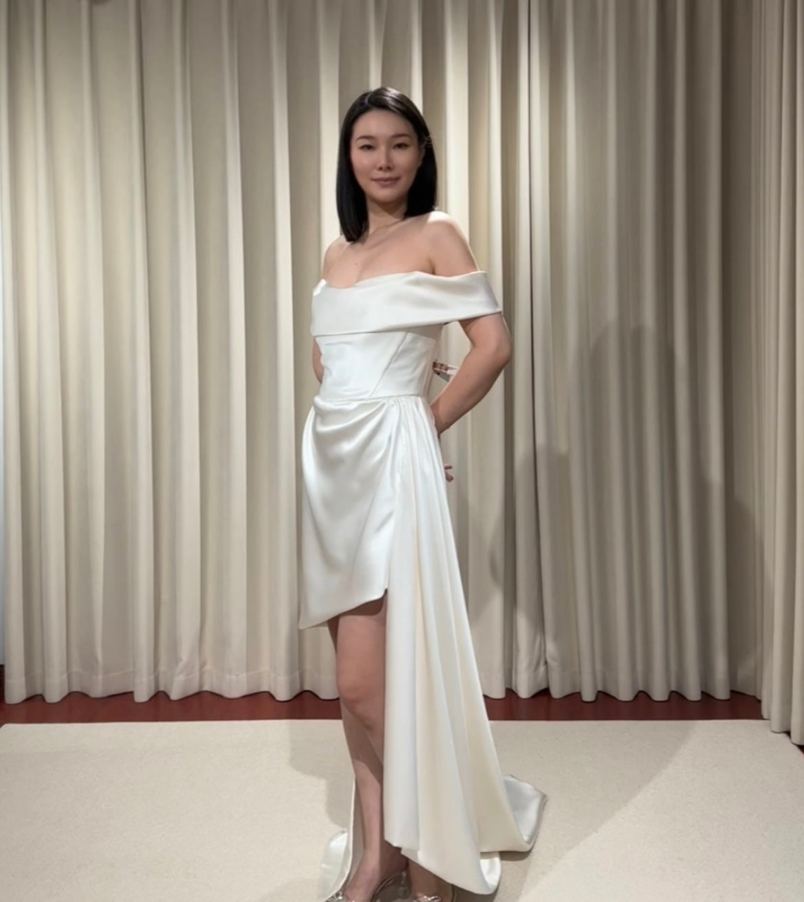Stella | Minimalist Off the Shoulder High Low Satin Wedding Prom Dress, Custom Simple Elegant Gown Courthouse Civil Wedding Reception Elopement Dress