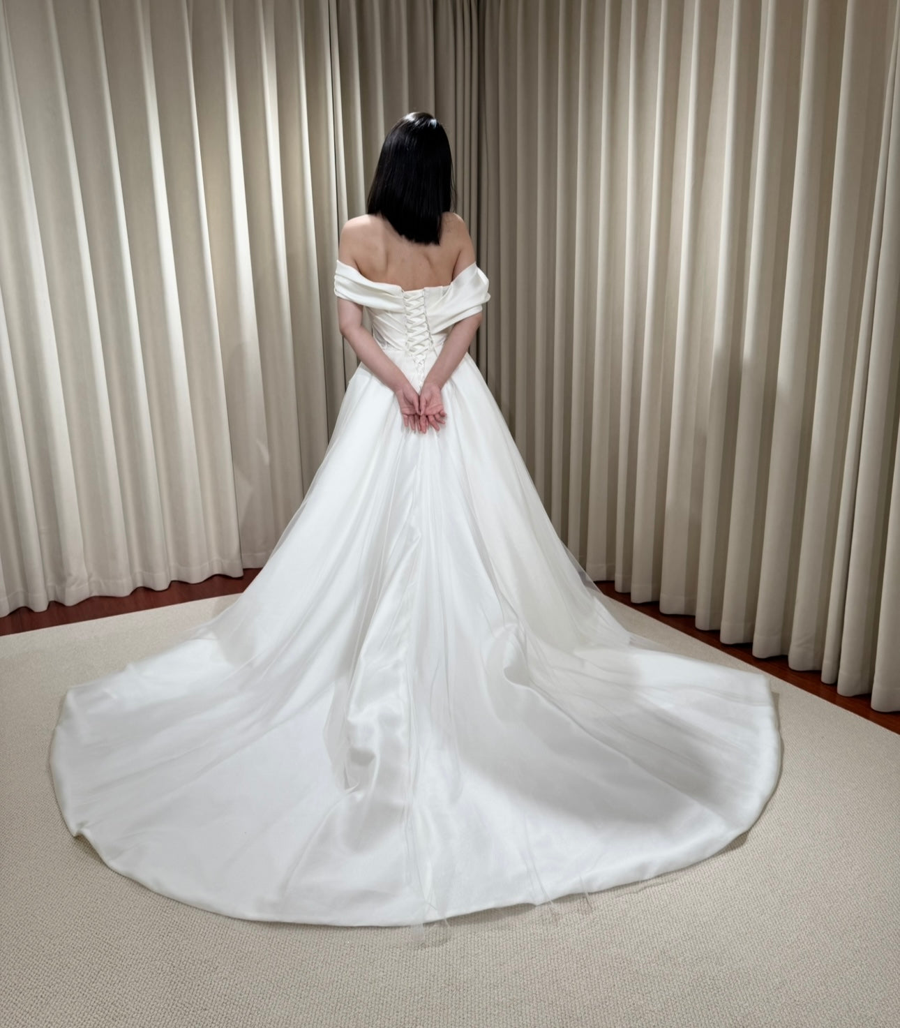 Anastasia | Off-the-shoulder satin corset drop waist wedding dress, unique minimalist A-line bridal dress, custom simple & classic Ivory ball gown