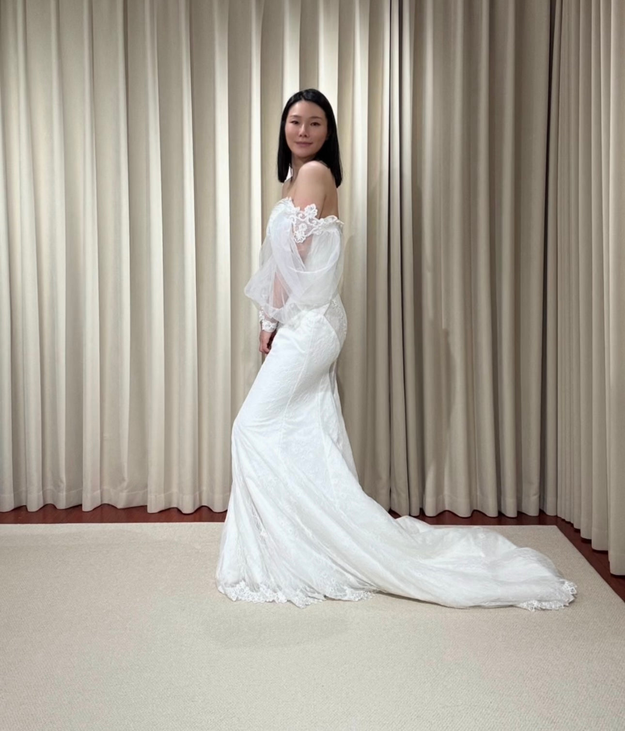 Nova | Long Sleeve Off the Shoulder Lace Mermaid Wedding Dress with detachable Train, Custom Unique Courthouse wedding elope dress, reception dress