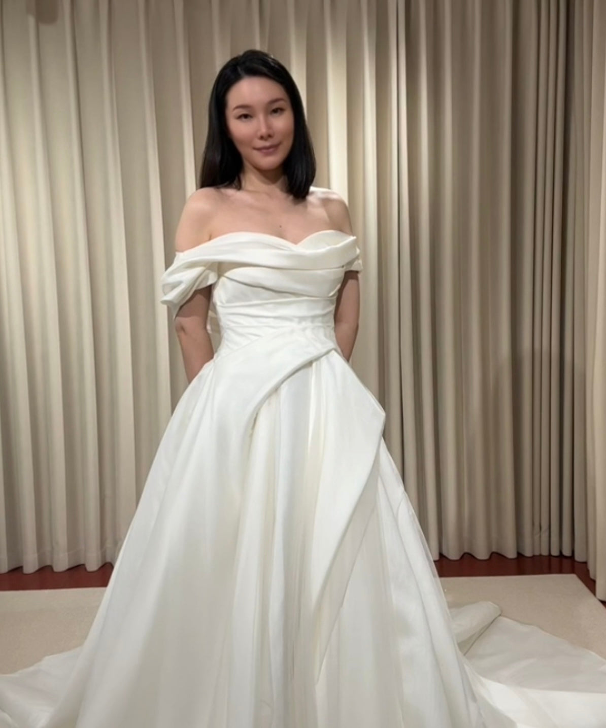 Anastasia | Off-the-shoulder satin corset drop waist wedding dress, unique minimalist A-line bridal dress, custom simple & classic Ivory ball gown