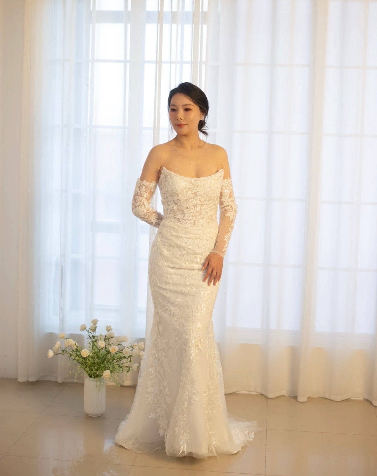 Athena | Minimalist Floral Corset Mermaid Wedding Prom Dress, Custom Simple Romantic Courthouse Civil Reception Dress Casual Elopement Rehearsal Gown
