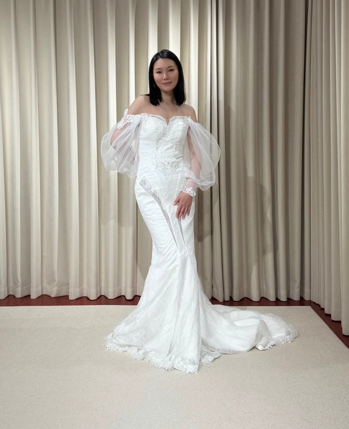 Nova | Long Sleeve Off the Shoulder Lace Mermaid Wedding Dress with detachable Train, Custom Unique Courthouse wedding elope dress, reception dress