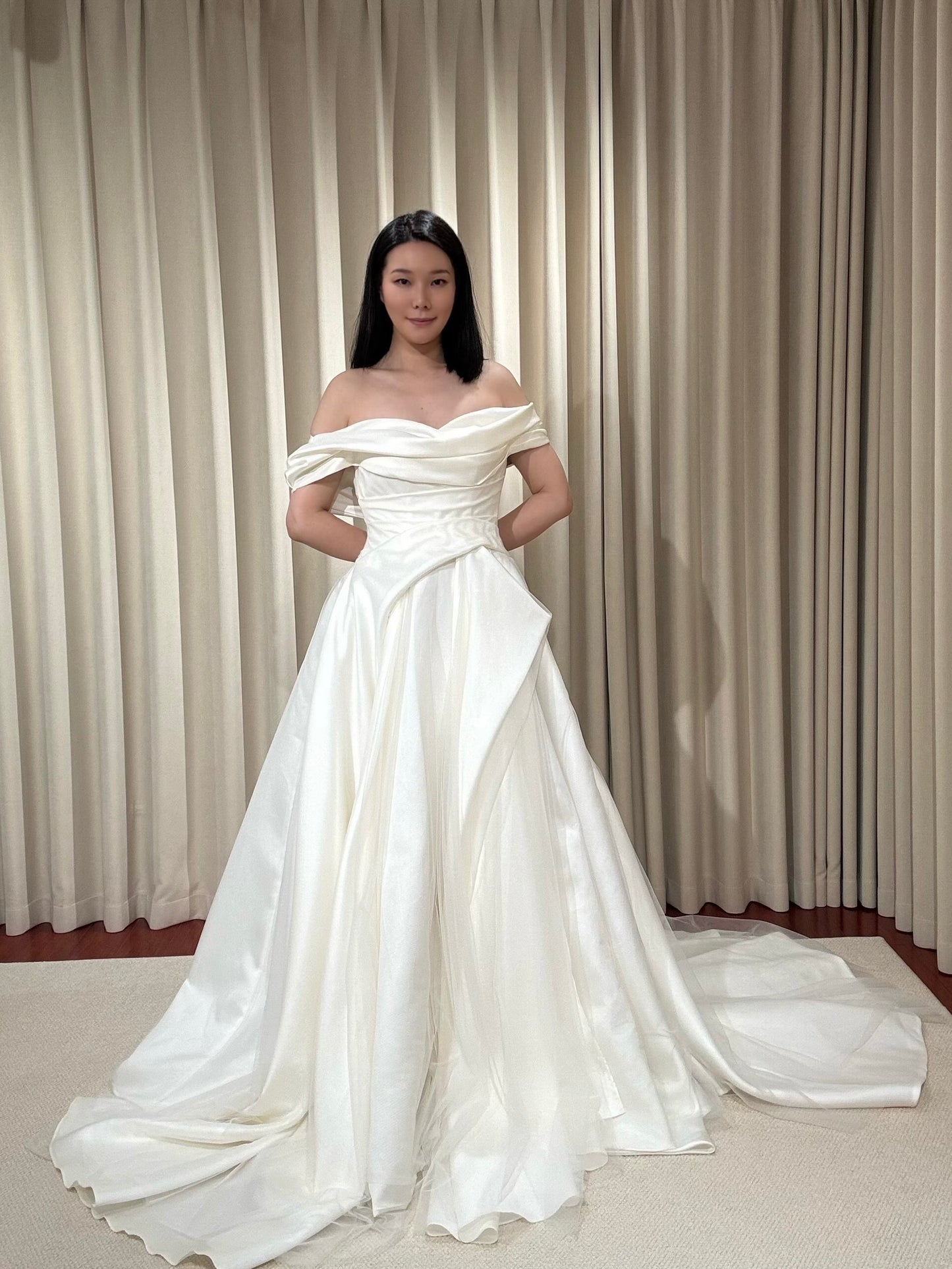 Anastasia | Off the Shoulder Satin Corset Drop Waist Wedding Dress