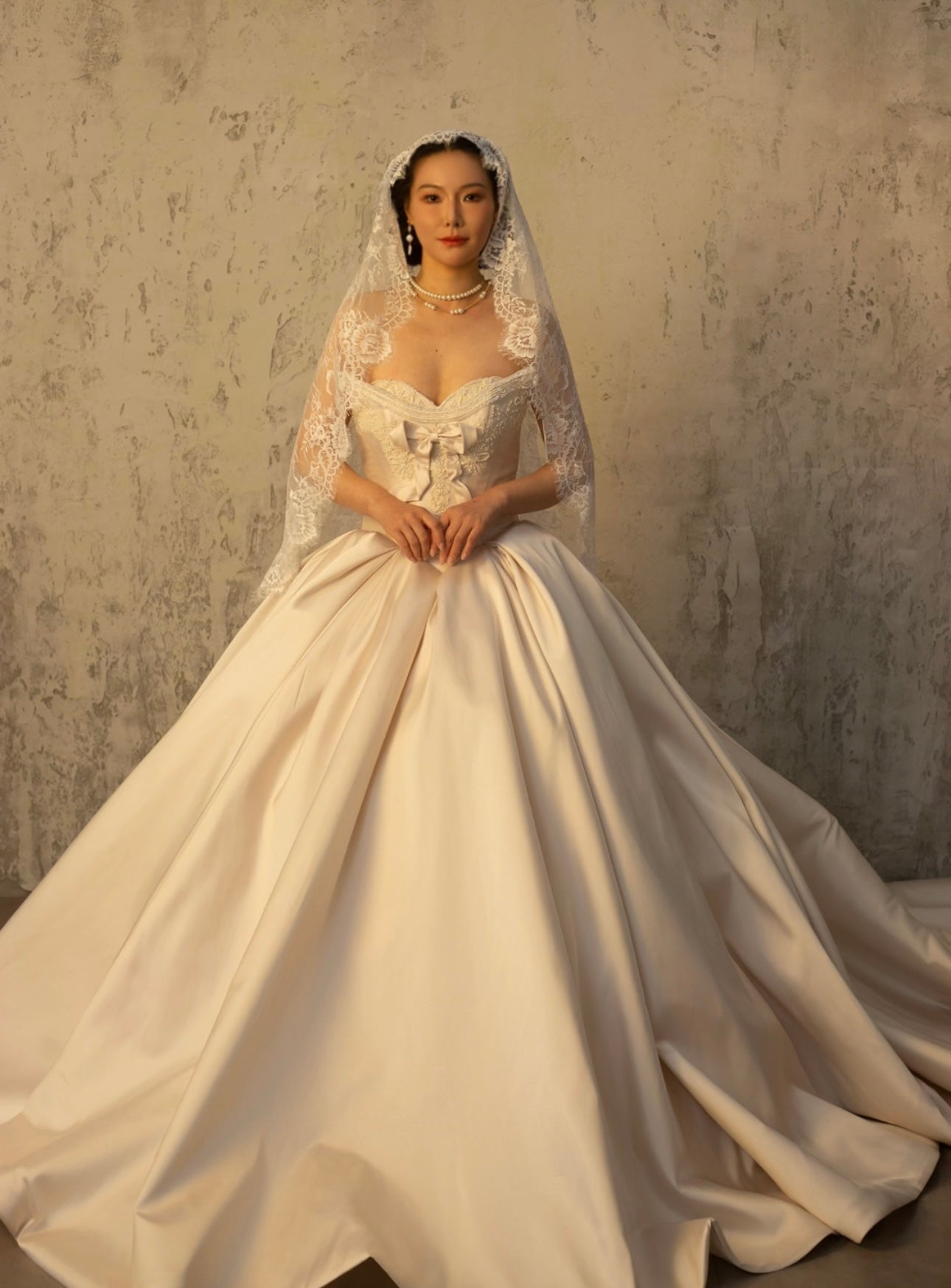 Victoria | Long Sleeve Satin Corset Wedding Dress w Pearls, Classic Romantic Elegant Princess Ball Gown, Custom Modest Courthouse Civil Wedding Dress