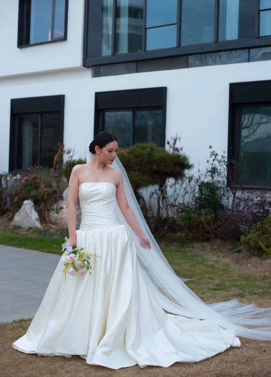 Minimalist drop waist satin wedding dress, custom simple & classic Ivory bridal ball gown