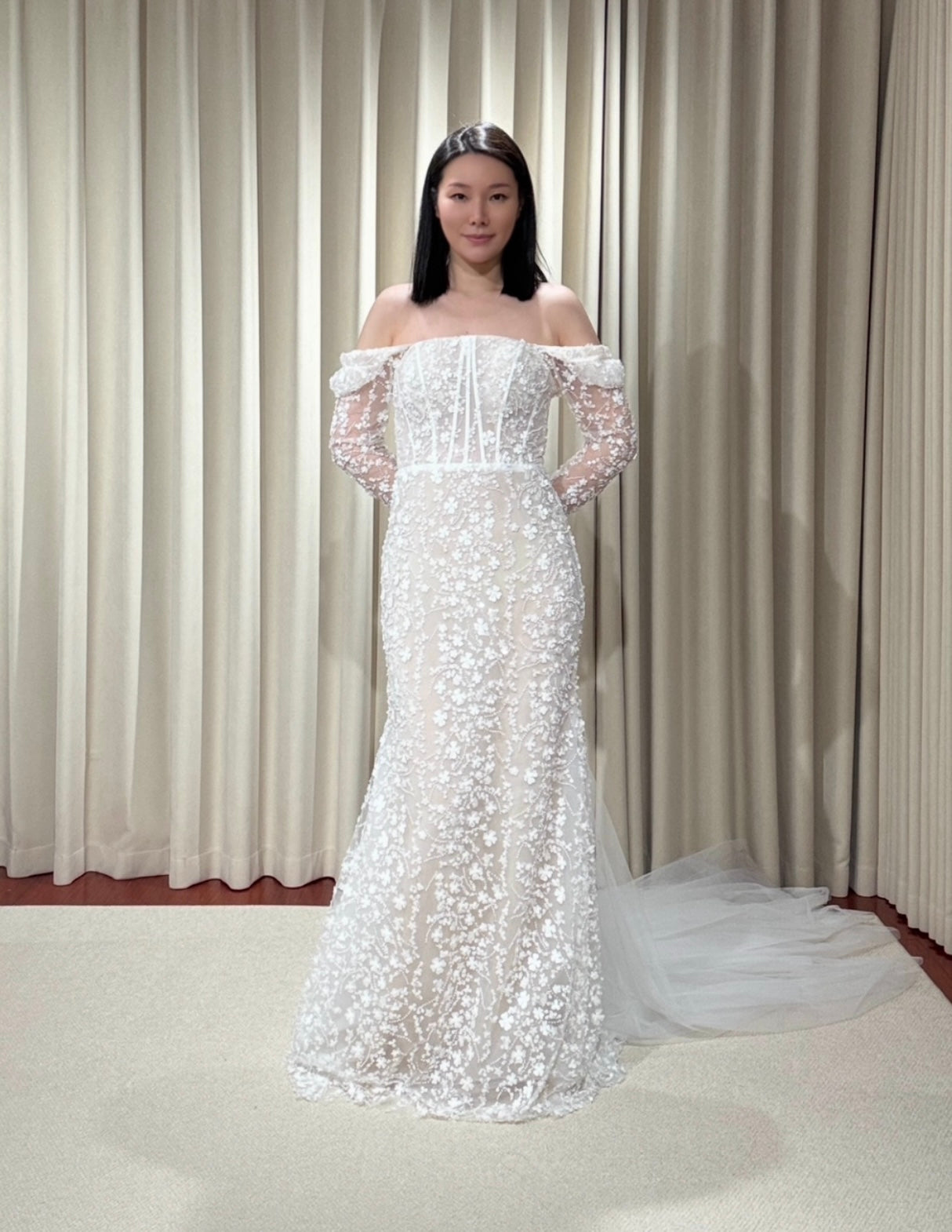 Jessica | Long sleeve corset mermaid wedding dress with 3D flowers, custom unique courthouse wedding dress, fairy elopement reception dress for bride