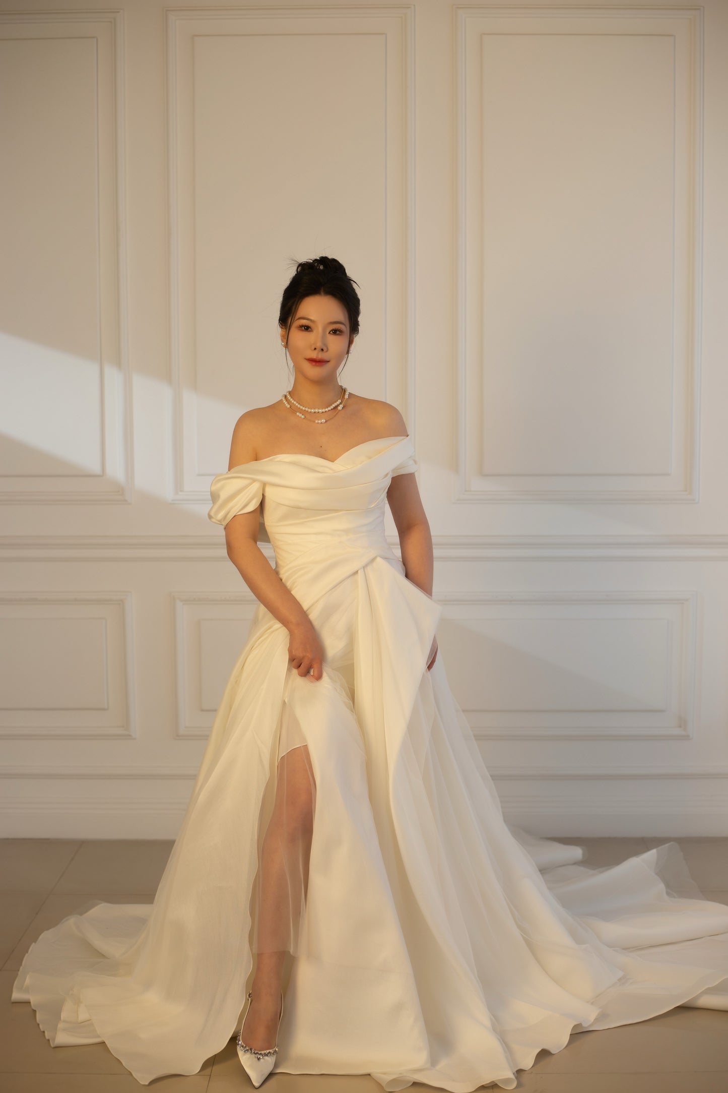 Anastasia | Off the Shoulder Satin Corset Drop Waist Wedding Dress